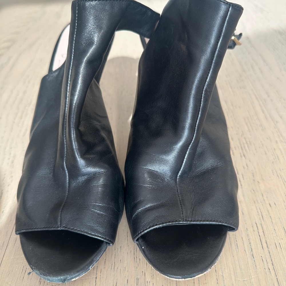 Vince Camuto Black Leather Open-Toe Slingback Shoe-Boot with 3 1/2” heel.